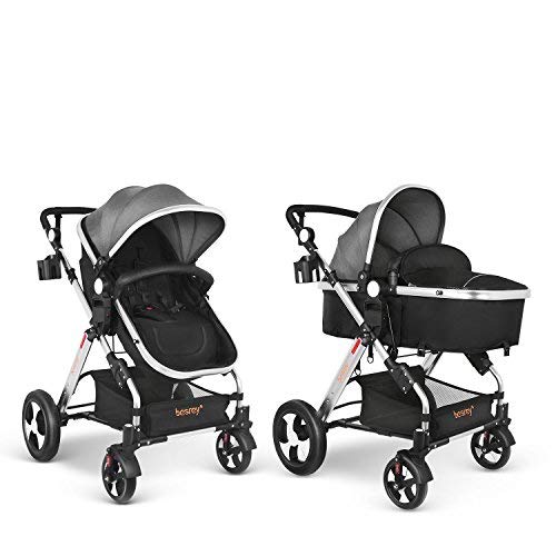 Besrey 2 en 1 Carro Bebe Carritos Bebe con capazo Silla de Paseo Reversible Cochecito Infantil 0-3 años Ruedas Grande