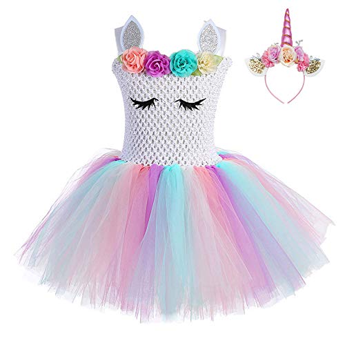 FONLAM Vestido de Bautizo Fiesta Niña Disfraz de Unicornio Princesa Tutú Vestido Infantil Flores Carnaval Niña (7-8 Años, Blanco y Rosa)