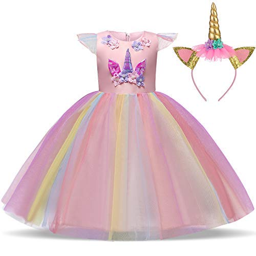 TTYAOVO Chicas Unicornio Fancy Vestido Princesa Flor Desfile de Niños Vestidos sin Mangas Volantes Vestido de Fiesta Talla 5-6 Años Rosado