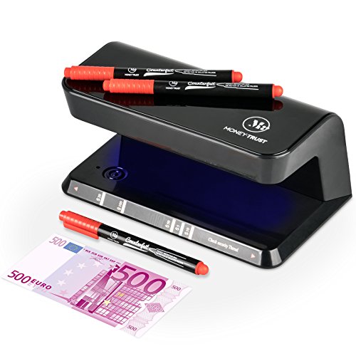 Detector Billetes Falsos UV con 3 bolígrafos detectores incluidos de MoneyTrust que sirven para detectar billetes falsos con dos pasos y documentos con seguridad de luz ultravioleta